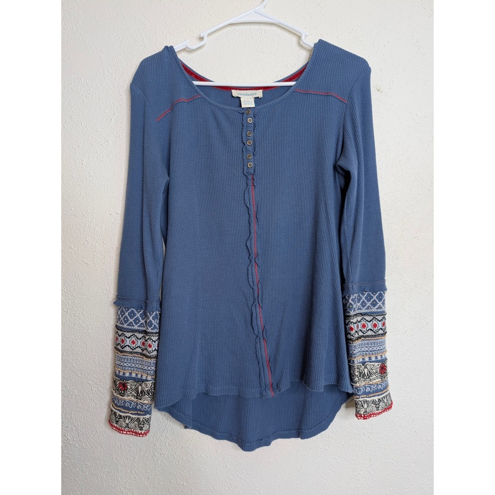 Sundance Womens M Blue Waffle Thermal Knit Henley Button Top Embroidered Cuffs